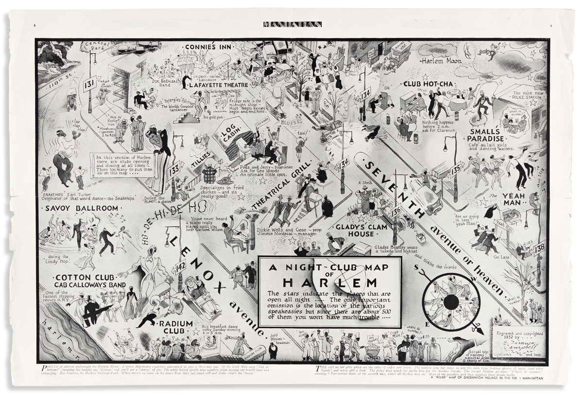(MUSIC.) E. Simms Campbell, artist. A Night-Club Map of Harlem, featured in the inaugural issue of Manhattan: